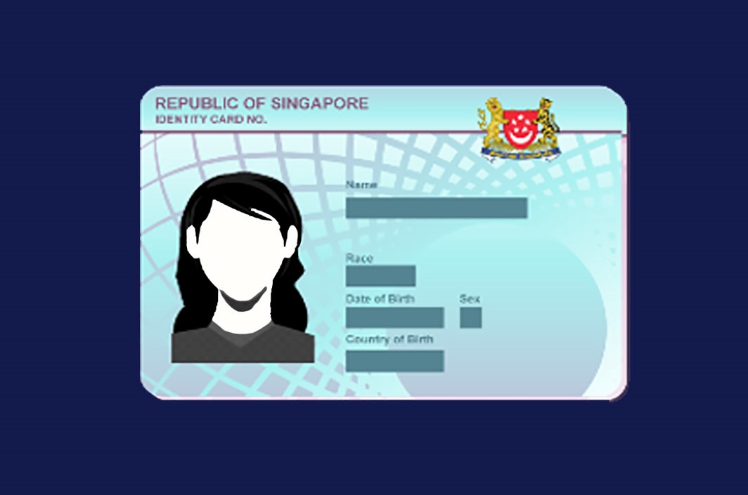 A Singapore Permanent Resident Identity Card featuring the Coat of Arms, a placeholder headshot of a faceless long-haired female, and personal detail fields including Name, Race, Date of Birth, Sex, and Country of Birth.