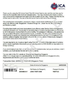 Sample of SG Arrival Card