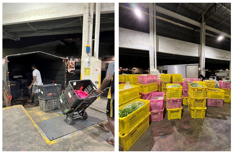 Truck drivers unloading imports for inspection