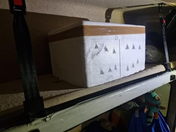 220411-02 Styrofoam box with multiple perforations detected on its sides inside lorry's cabin area